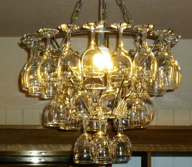 A chandelier made from wine glasses in the Dandelion Cafe on Dartmoor.